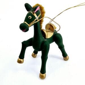 Vintage RUSS BERRIE & CO. Wooden Green-Gold Tone Horse Christmas Tree Ornament